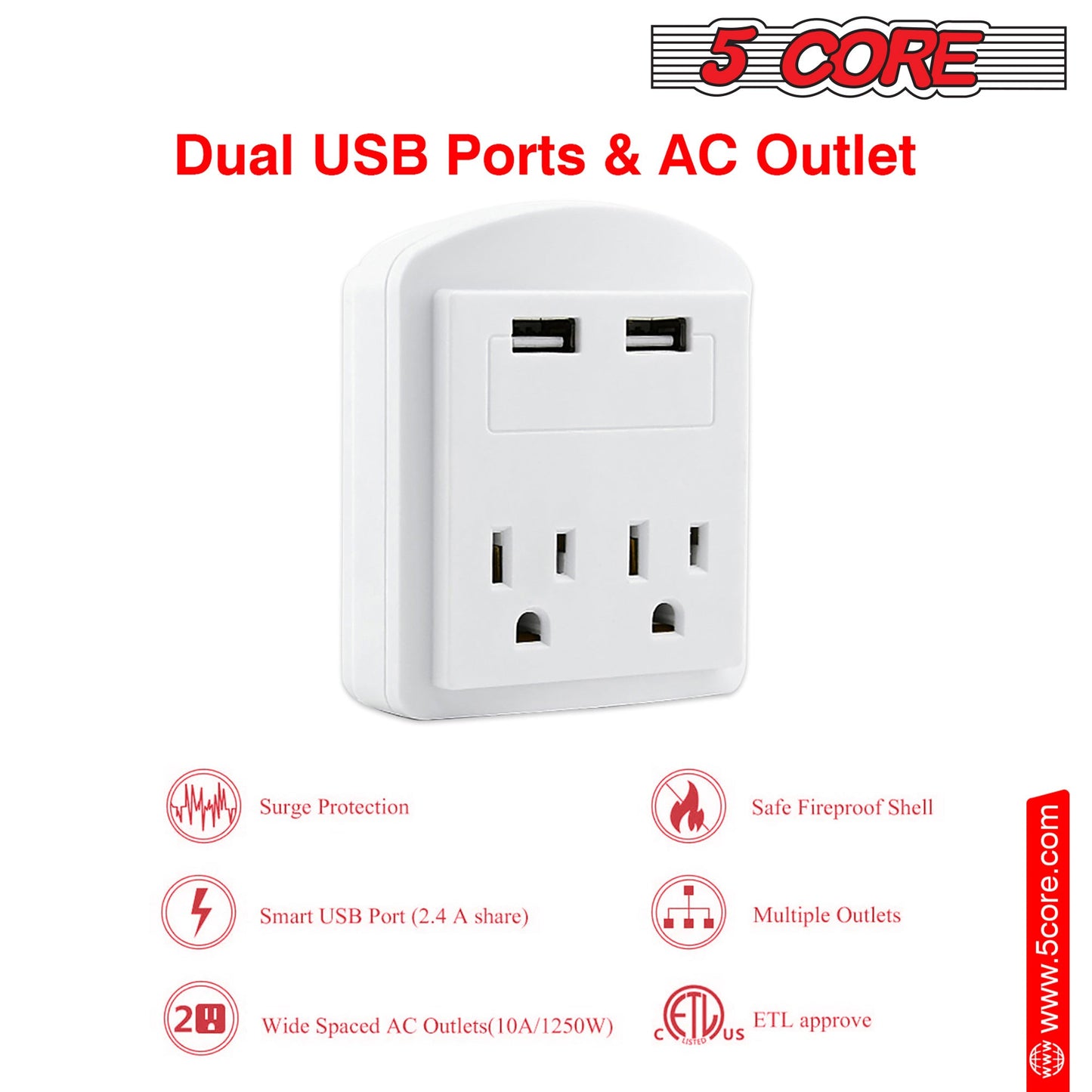 5 Core Travel Plug Adapter European International Power Plug w/ 2 USB,