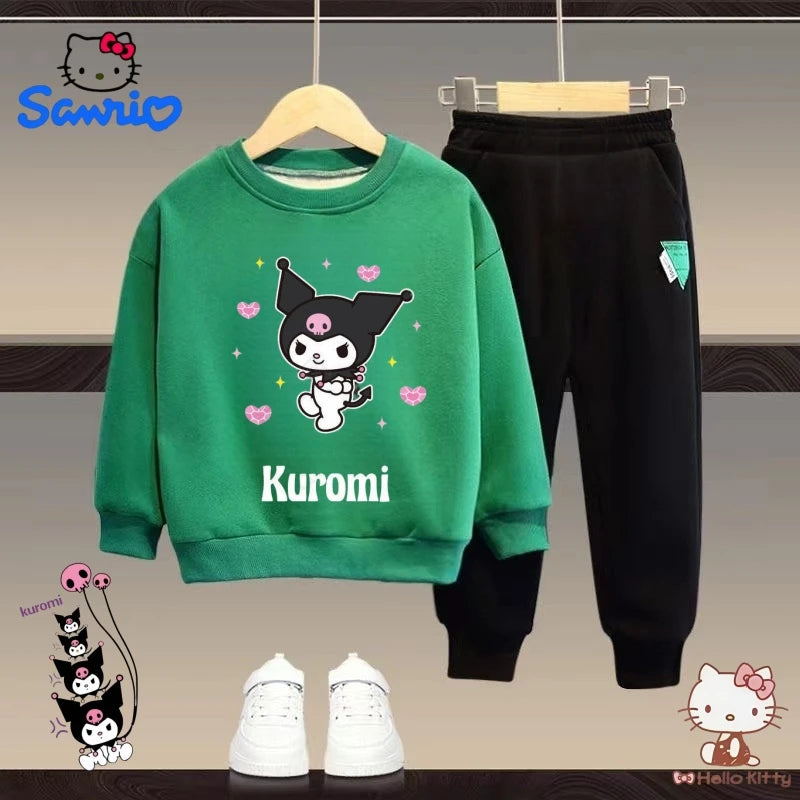 Sanrio Autumn Baby Clothes Set Kid Girls Kuromi Printed Cute Sweatshirts Pullover Top & Green Pants 2pcs Children Fashion Outfit