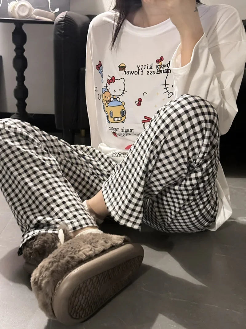 Hello Kitty Cartoon Girl Long Sleeved T Shirt Home Clothes Set Anime Sanrio Print Kawaii Spring Autumn New Trousers Pajama Sweet