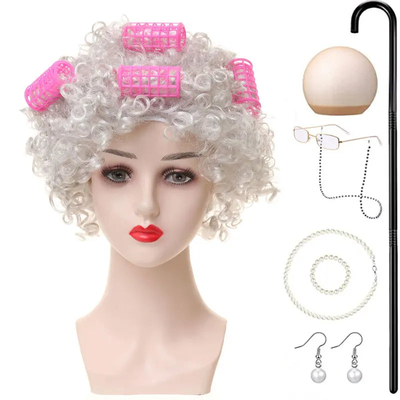 Halloween Granny Granny Grey Wig Grandpa Hair Granny Chartered Woman Curling Iron Wig Set