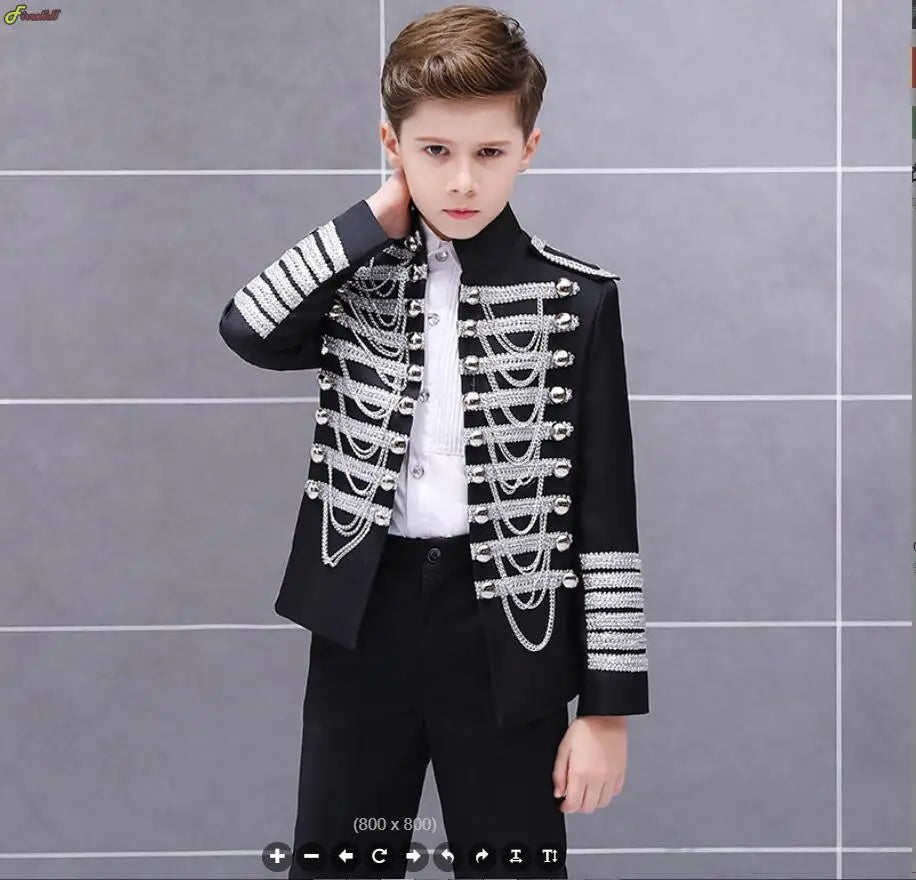 Medieval Steampunk Prince Blazer Costume Military Tassel Chains Cosplay Jacket Shoulder Pad Coat Pop Stage Dacing Tops for Kids