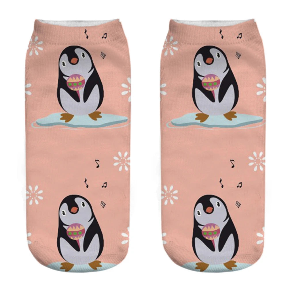 New Funny 3D Printing Cute Cartoon Singing Dancing Christmas Penguin Unisex Animal Series Short Ankle Socks Calcetines De Mujer