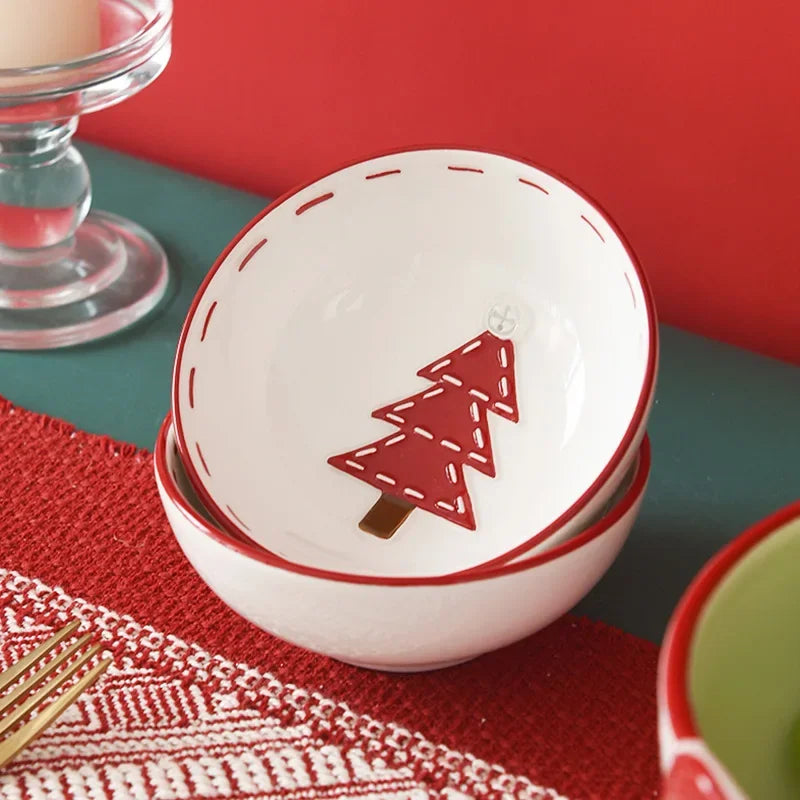 Home Tableware Christmas Gift Ceramic Santa Claus Bowl Creative Embossed Fruit Salad Bowl Western Salad Bowls