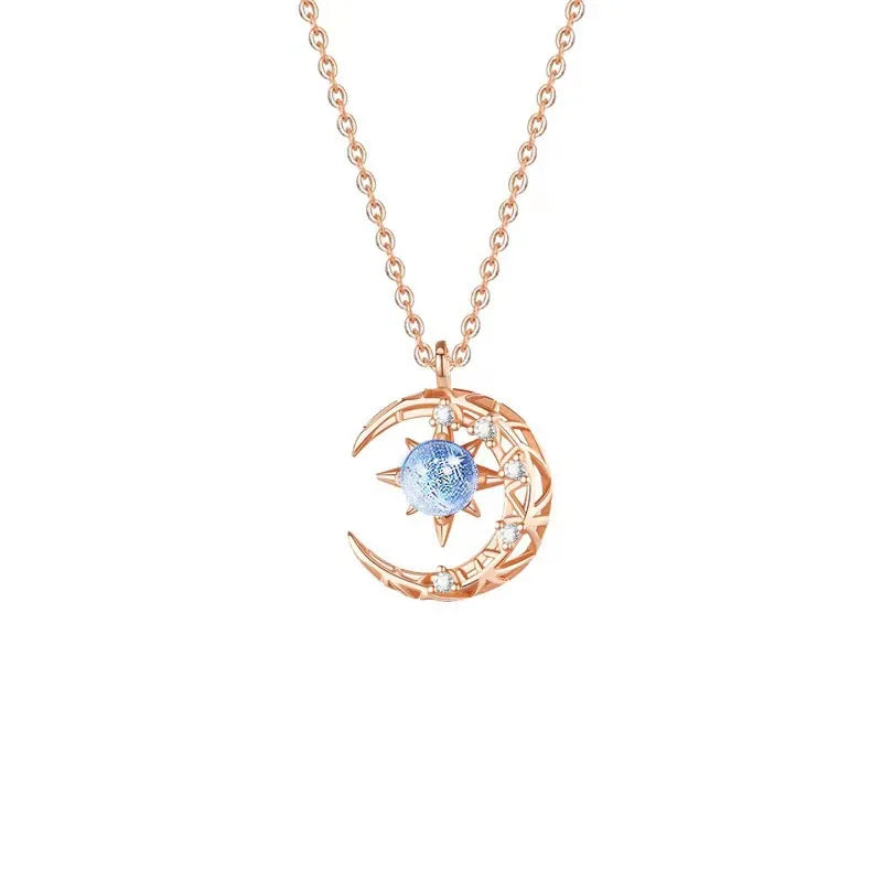 Charm Star Moon Pendant Necklace for Women Elegant Stainless Steel Rhinestone Chain Chokers Luxury Wedding Bride Jewelry Gifts