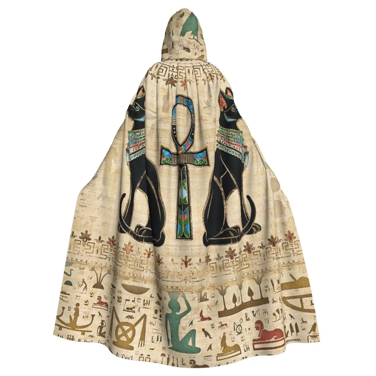 Egyptian Cats And Ankh Cross Long Hooded Cloak Witch Medieval Costume Cosplay Cape HalloweenCoat Adult Unisex