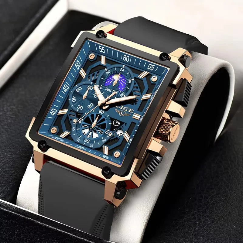 LIGE Mens Watches Brand Luxury Hollow Square Sport Watch For Men Fashion Silicone Strap Waterproof Quartz WristWatch+ Gift Box