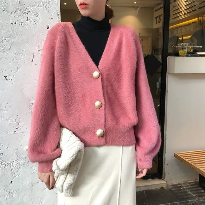 Women Autumnn New Chic Fashion Fluffy Soft Plush V-neck Knitted White Cardigan Sweater Coat Korean Fashion Tops Y2k