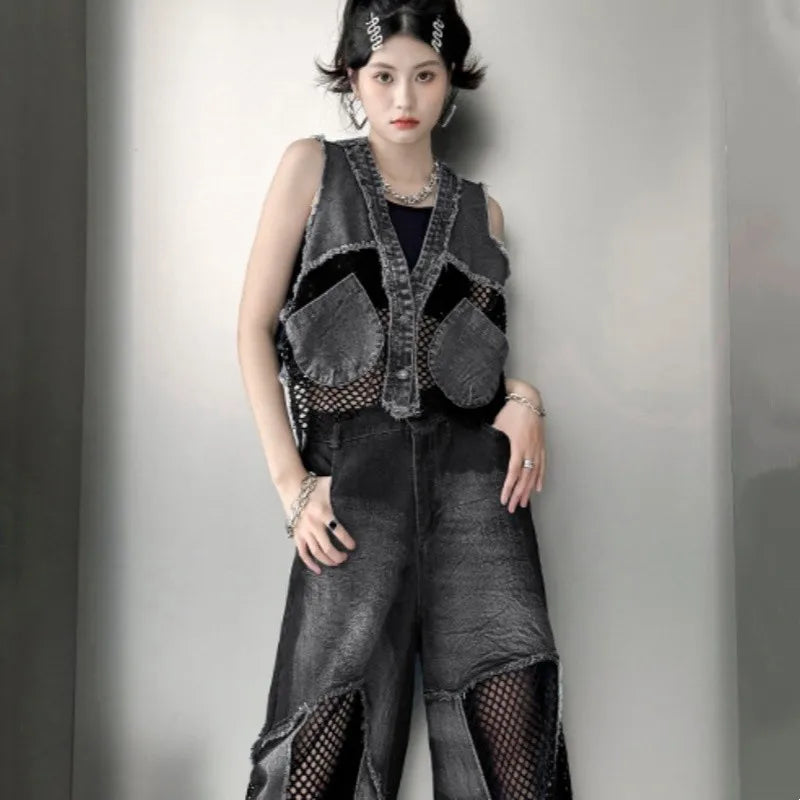 Grid Stitching V-Neck Denim Vest Women's Summer Fried Street Fashion Loose Burrs Short Sleeveless Vests Jackets Female