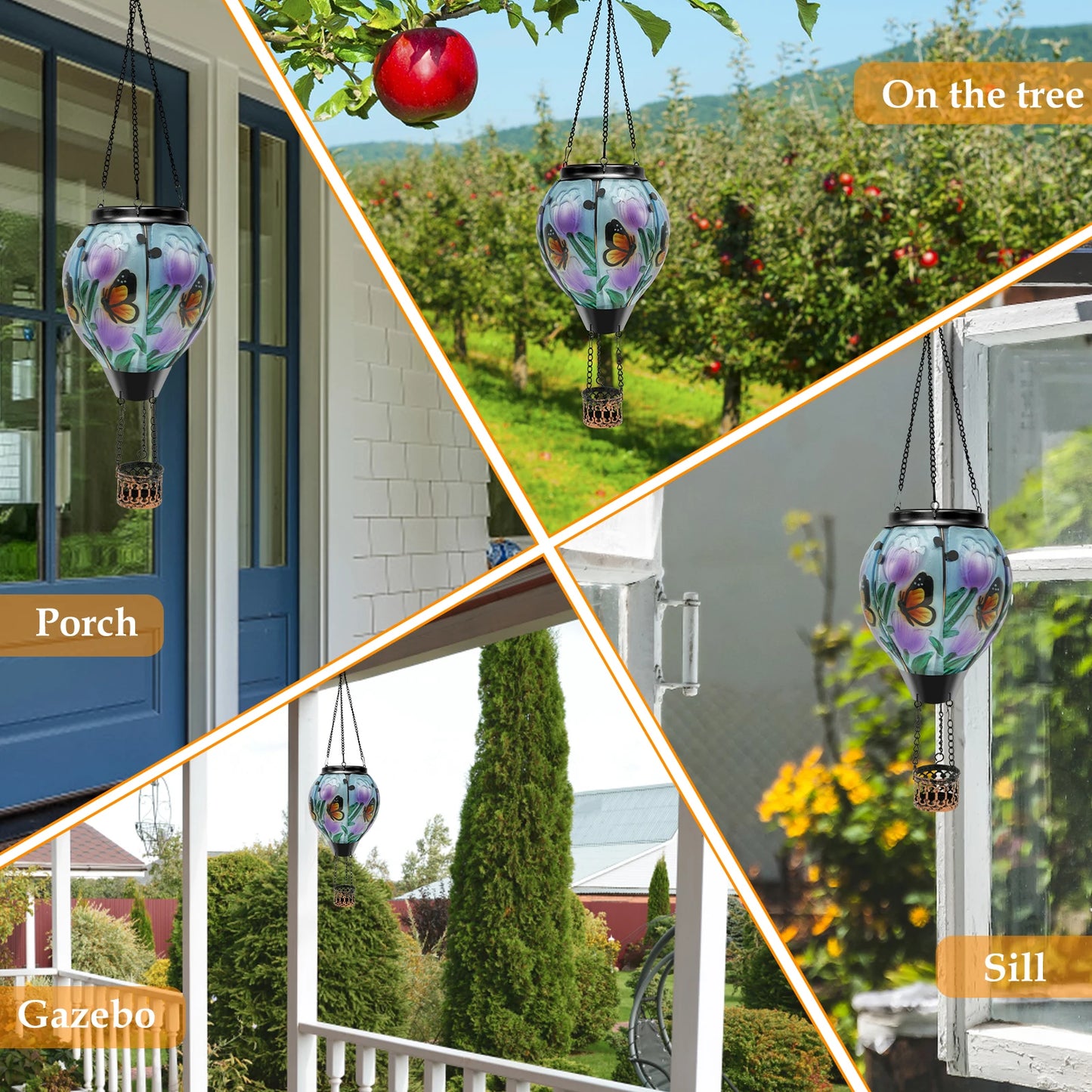 Solar Led Light Garden Wind Chimes Hanging Light Decor Hot Air Balloon Solar Lantern with LED Flame Solar Lights Hanging Lantern