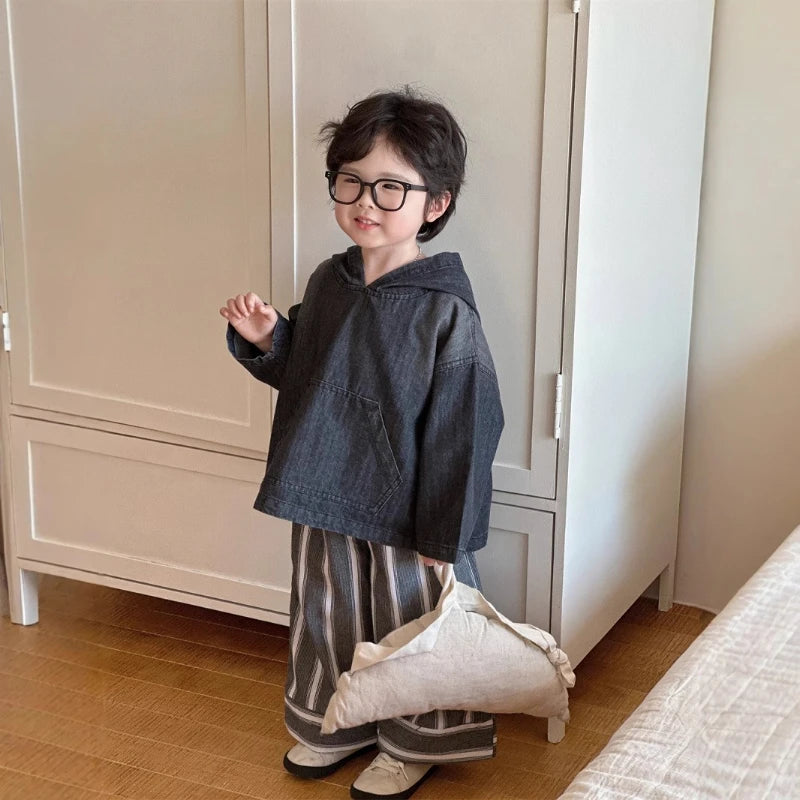 2025 Autumn/winter New Children's Retro Forest Style Design with Original Color Hooded Denim Jacket