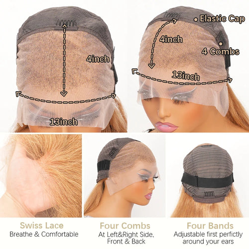 13x4 Honey Blonde Straight Wig Human Hair 180% Density #27 Colored Brazilian Transparent Lace Frontal  Straight Wigs Human Hair