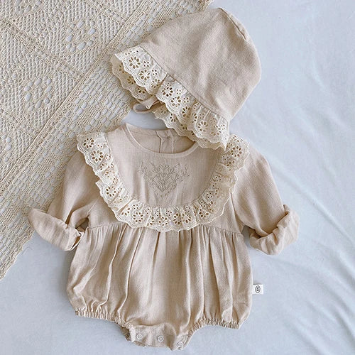 Autumn Spring Baby Girls Clothes Infant Baby Girl Bodysuits+Hat Cotton Flower Embroidery Long Sleeve Newborn Baby Girl Jumpsuit