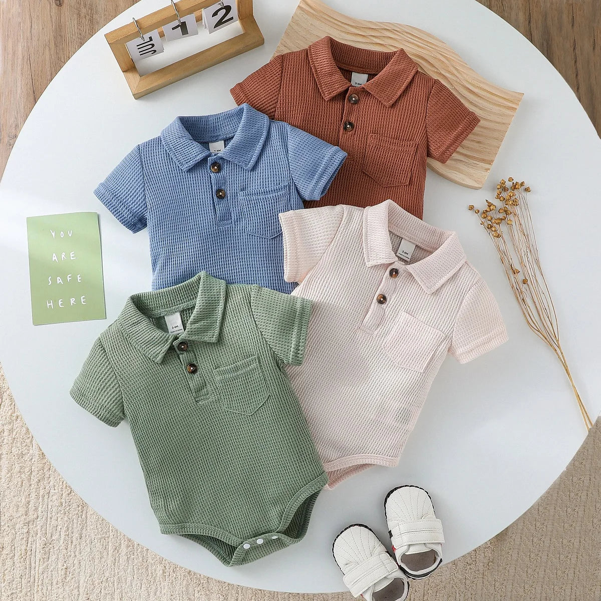 4Pcs/ Baby Boys Four Seasons Fashion  Waffle pattern Short Sleeve Bodysuits For 0-1Y Casual Daily Wear Romper Clothes Jumpsuit