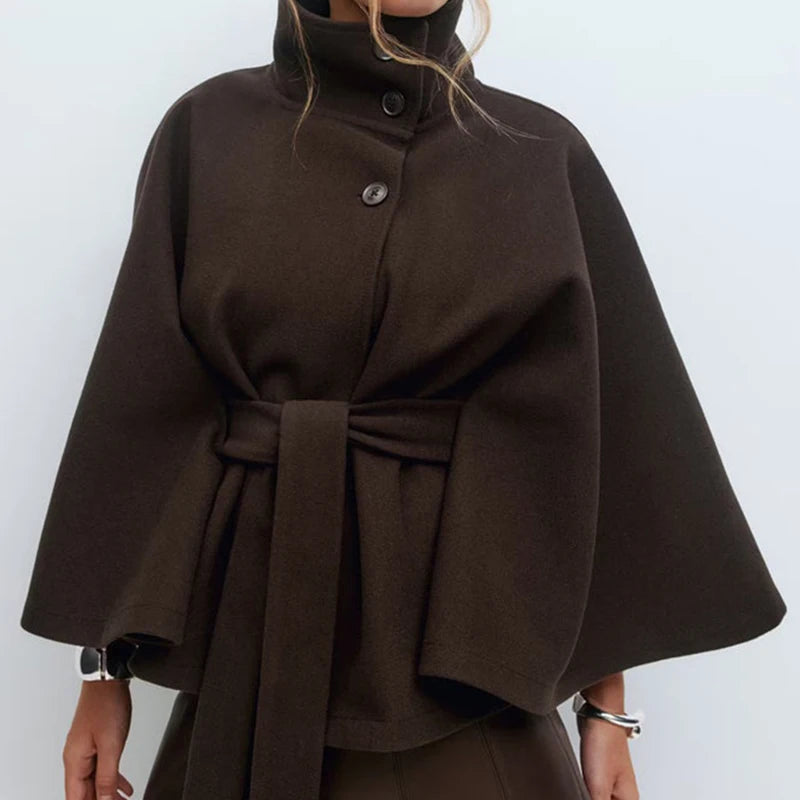 Stand Collar Sashes Patchwork Jackets, Women Autumn Winter Batwing Sleeve Chic Coats, 2025 Loose Holiday Solid Cloak Streetwear