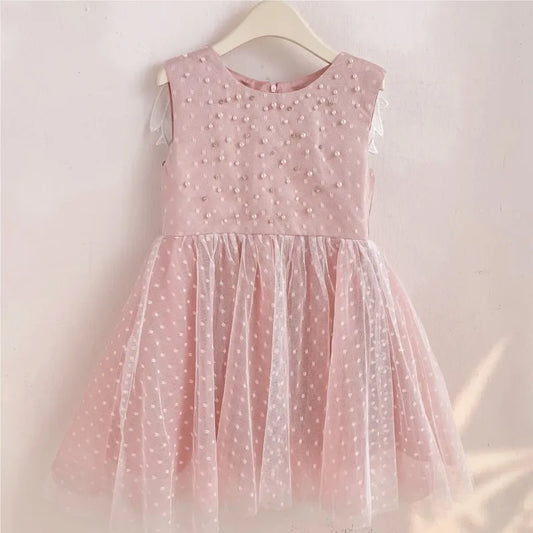 Baby Girl Princess Angel Wing Dress Infant Toddler Child Sleeveless Pearl Vestido Party Pageant Birthday Baby Clothes 1-12Y