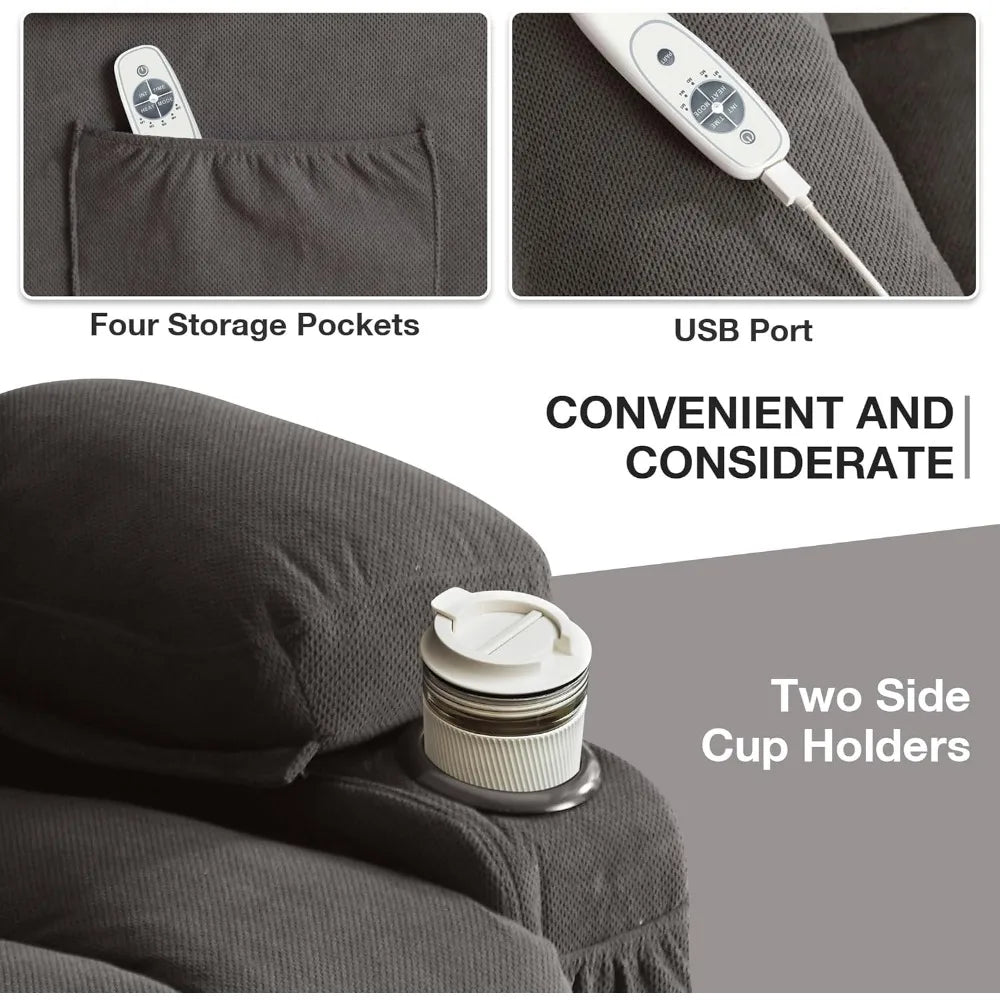 Power Lift Recliner Chair with Heat and Massage Electric Fabric Recliner Chair for Elderly with Side Pocket, USB Charge Port,