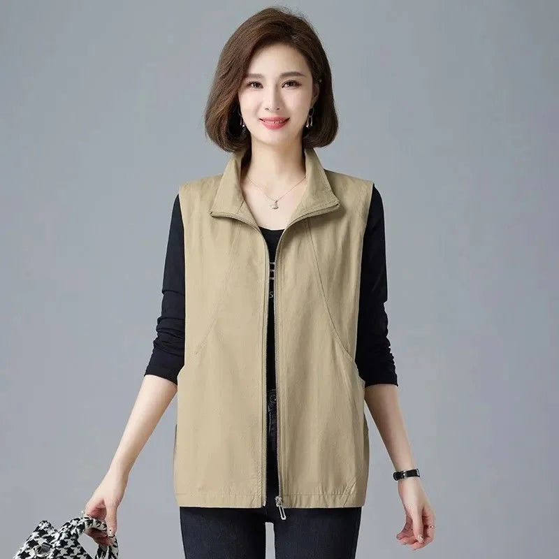 New Spring Summer Thin Blue Vest Women Lined Casual Sleeveless Jacket Basic Coats Turndown Collar Zipper Waistcoat Female Tops