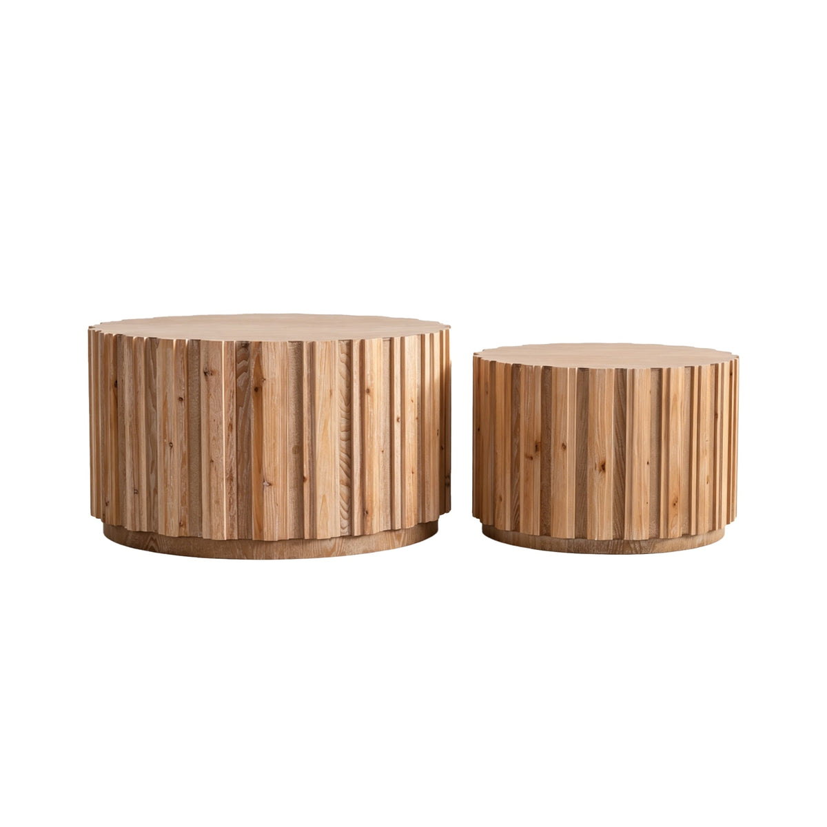 Round Nesting Coffee Tables Set of 2 with Vertical Slatted Wood-Look
