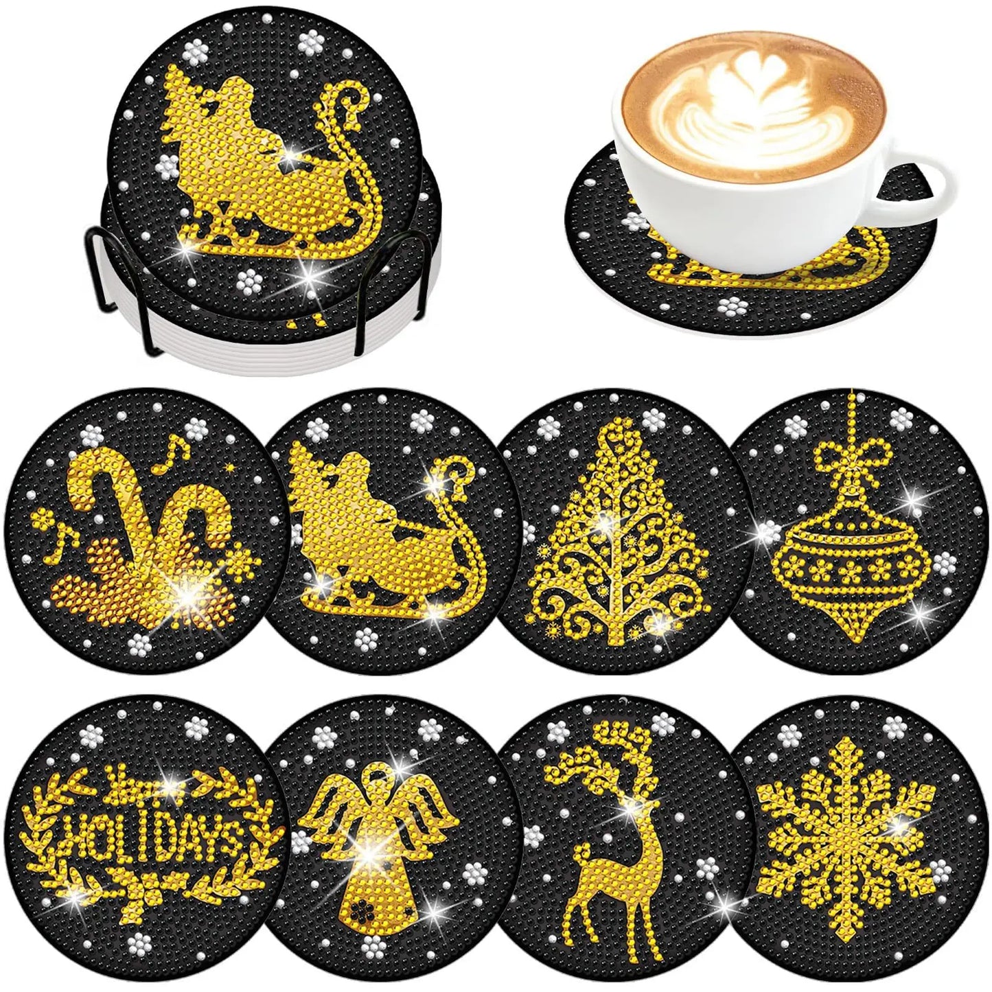 8pcs/Set DIY Diamond Painting Coasters with Holder Anti Slip Wood Drip Mats Crystal Rhinestones Diamond Art Coasters for Adults