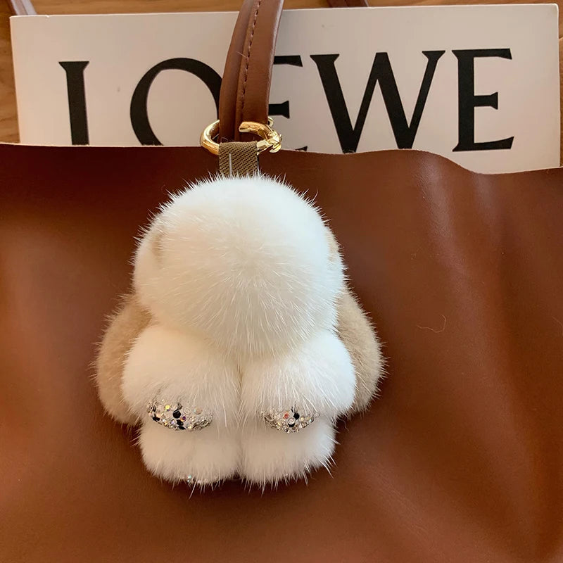 Mink Bunny Keychain Pompon Keyring Bunny For Women Bag Charms Car Key Chain Cute Rabbit Key Ring On Bag Car Trinket Pendant Gift