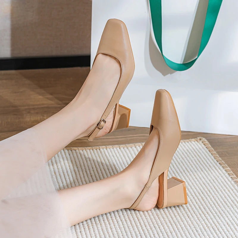 Oulylan Women Trendy Buckle Strap Sandals Plus Size Thick Heeled Slipper Summer Square-toed High Heels Elegant Pure Color Sandal