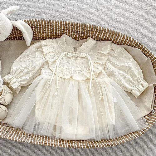 2024 New Autumn 0-24M Children Clothes Newborn Baby Girls Long Sleeved Cotton Bodysuits+Lace Dress Korean Style Climbing Suit