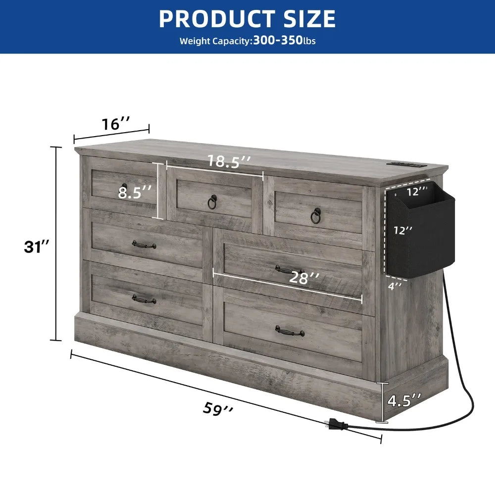 59 Inch Grey Wide Wood 7 Drawers Dresser Storage Dressers Organizer for Living