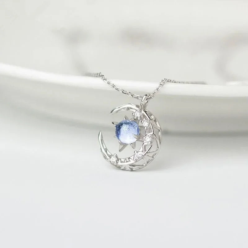 Charm Star Moon Pendant Necklace for Women Elegant Stainless Steel Rhinestone Chain Chokers Luxury Wedding Bride Jewelry Gifts