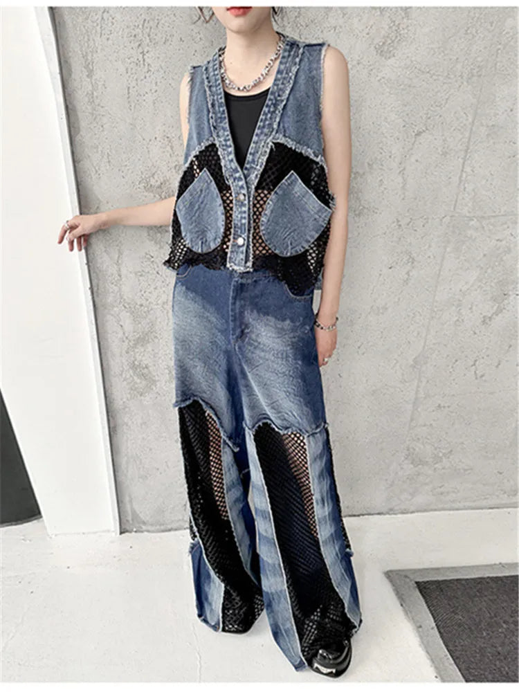 Grid Stitching V-Neck Denim Vest Women's Summer Fried Street Fashion Loose Burrs Short Sleeveless Vests Jackets Female