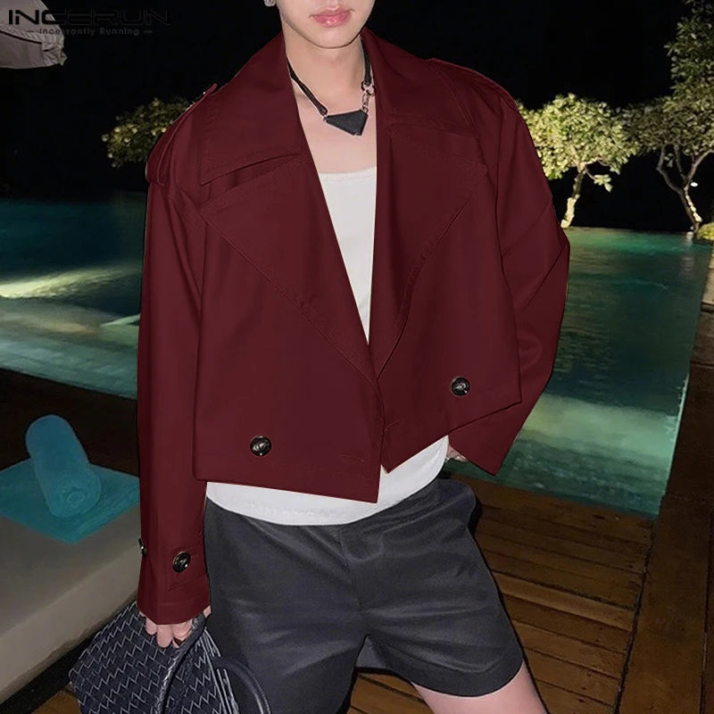 INCERUN Men Jackets Solid Color Lapel Long Sleeve Button Casual Crop Coats Men Streetwear Autumn 2025 Fashion Jackets Outerwear
