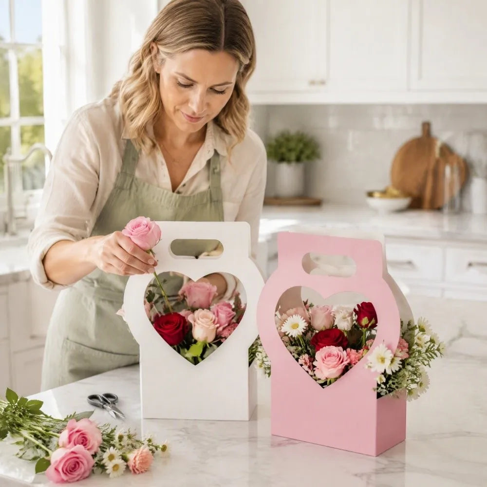 3PCS Heart-Cutout Flower Gift Box Romantic Portable Paper Flower Box With Handle Foldable Floral Wrap Box Floral Arrangements