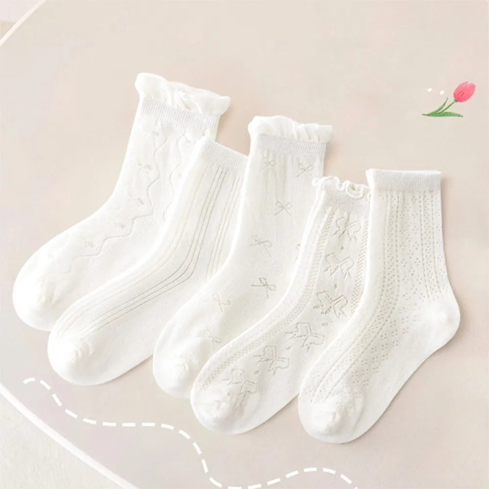 5 Pairs/Pack Girls Lolita Socks Summer Thin Breathable White Princess Lace Trimmed Ankle Socks for Baby Children Clothes