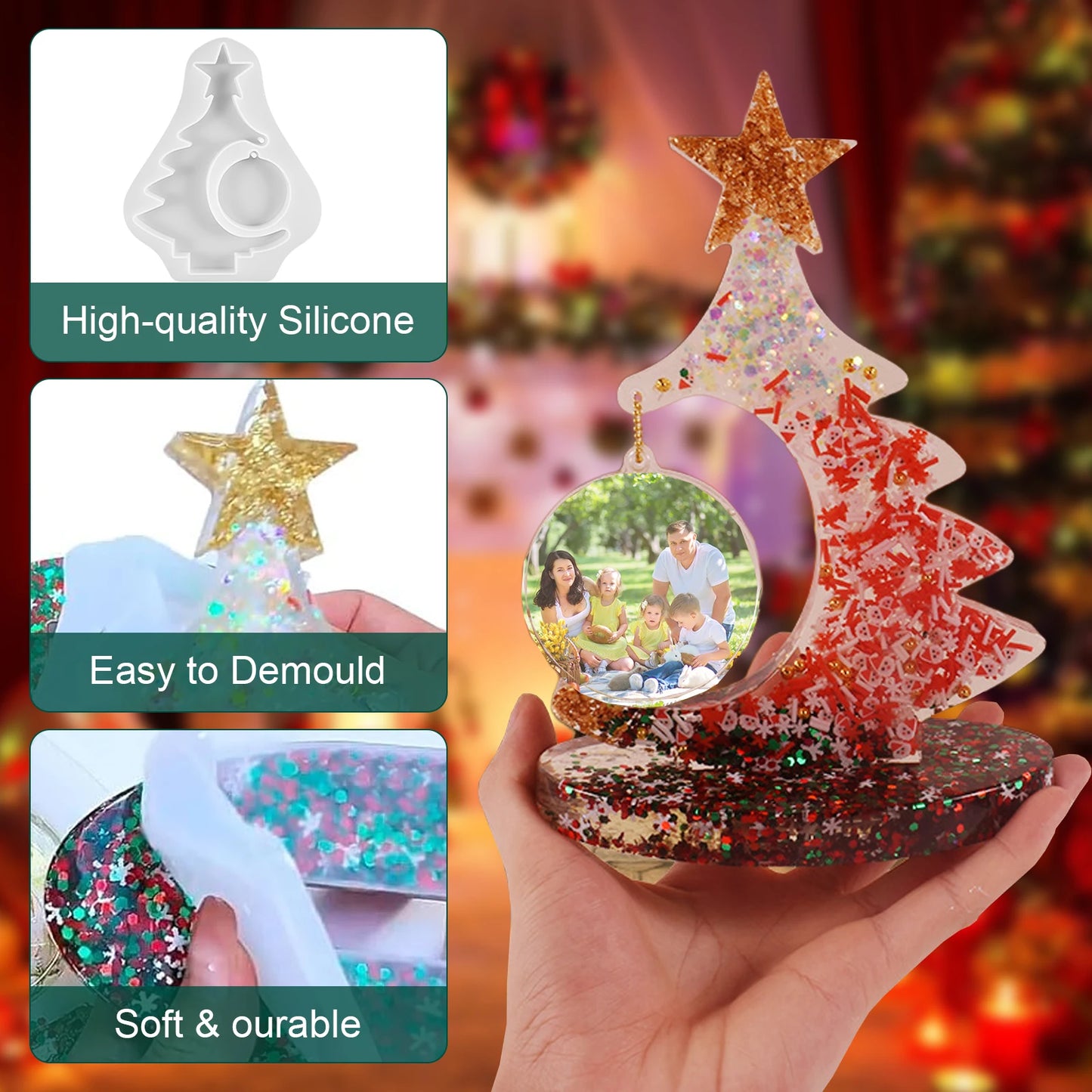 ilicone Mold For Christmas Tree Ornaments Easy To Demould Clear Casting Resin High Detail Durable White Colorful bead chain