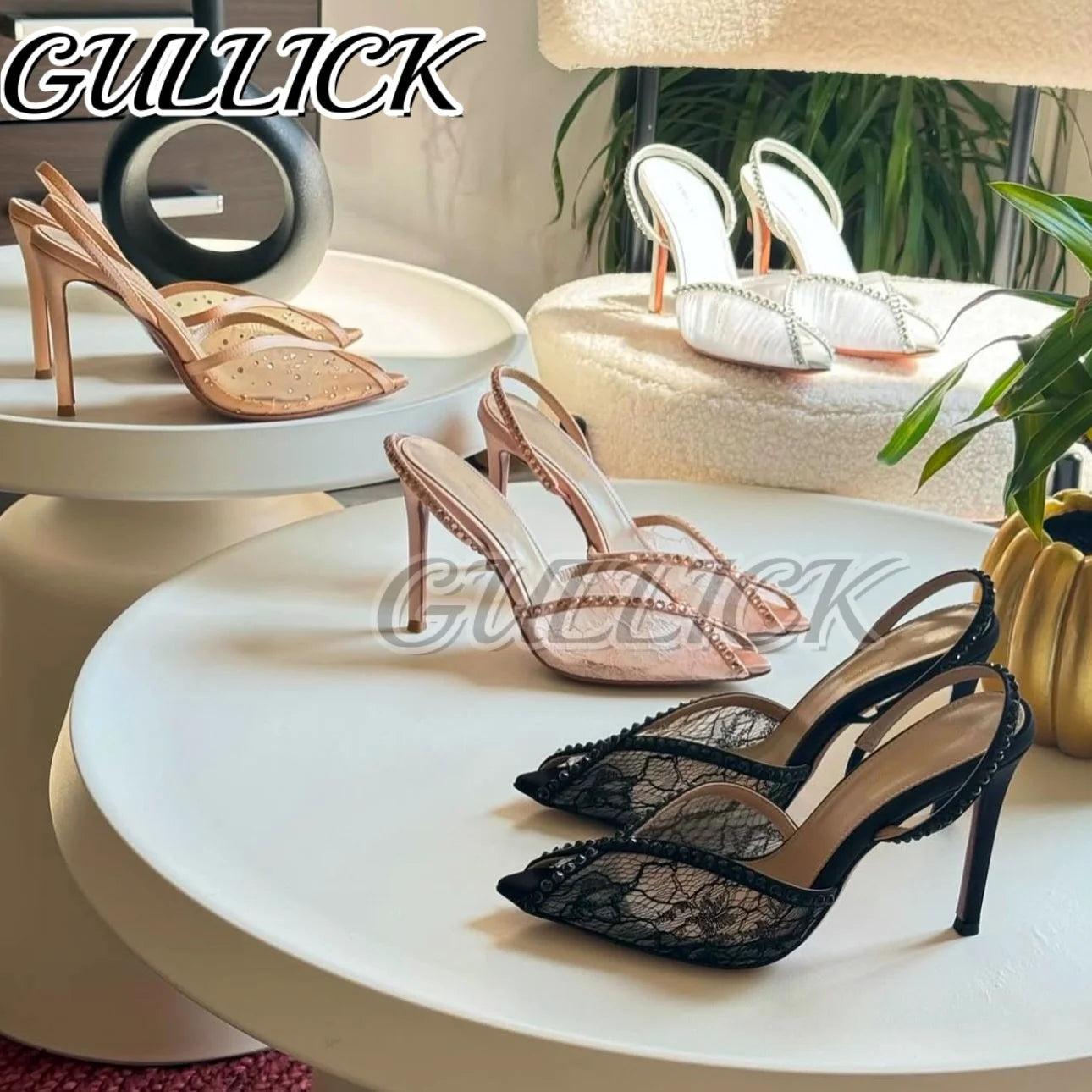 Rhinestones Heeled Sandals Pointed Toe High Heels Air Mesh Slip On Pull On Shoes Women Luxury Designer Slingback Sandalias 2025