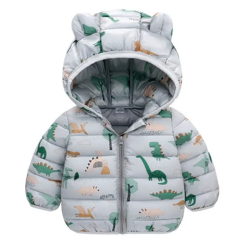 Children Boys Baby Hooded Lightweight Down Jackets Warm Outerwear Autumn Kids Girls Coats Cartoon Dinosaur Print Casual Clothing