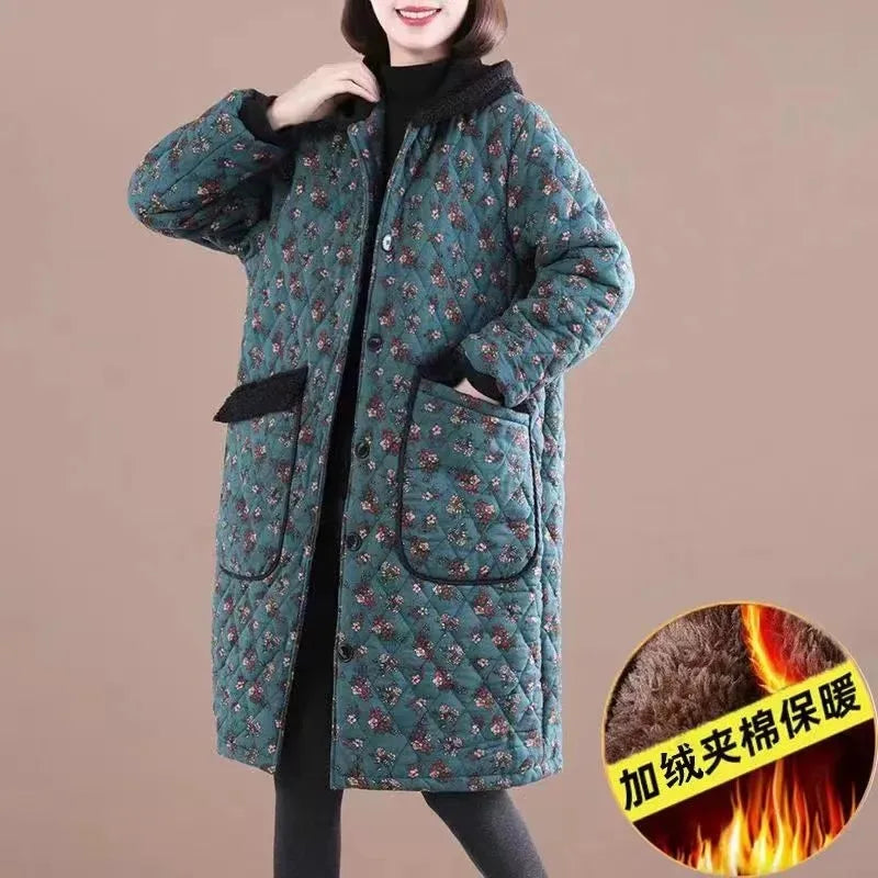 Winter Women's Cotton Parka Clothes Floral Folder Velvet Add Thick Keep Warm Hooded Ladies Mid-Length Cotton Coat JJ142