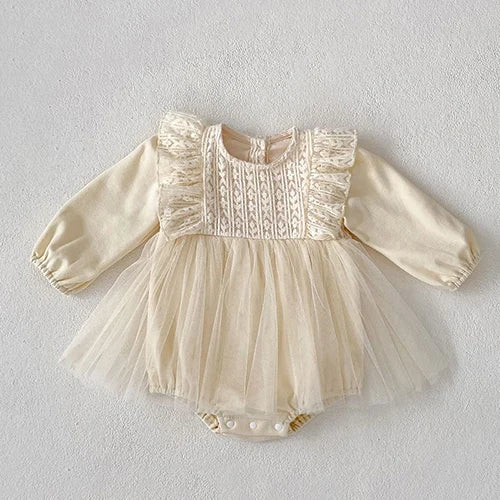 2024 New Autumn 0-24M Children Clothes Newborn Baby Girls Long Sleeved Cotton Bodysuits+Lace Dress Korean Style Climbing Suit