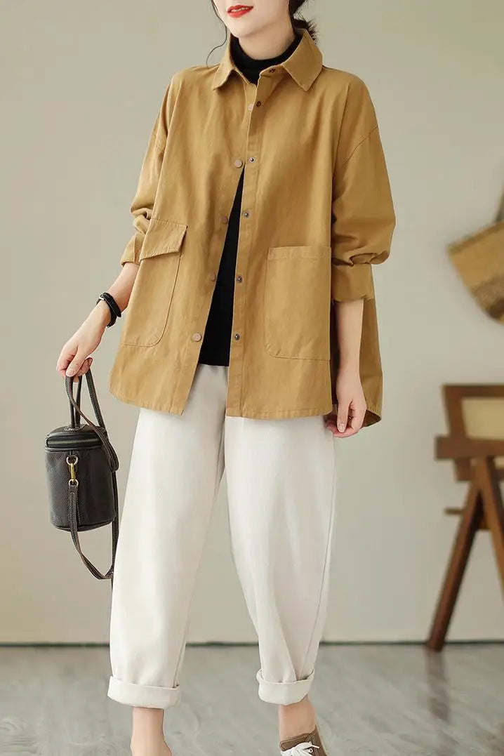 Cotton Linen Jacket Women Loose Thin Casual Trench Coat Korean Fashion Autumn Long-sleeved Shirt Oversize Blouse Camisa Feminina
