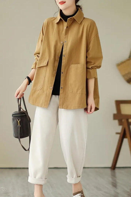 Cotton Linen Jacket Women Loose Thin Casual Trench Coat Korean Fashion Autumn Long-sleeved Shirt Oversize Blouse Camisa Feminina