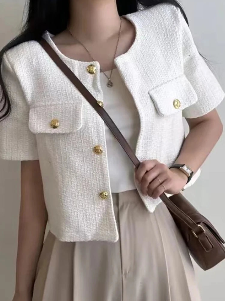 Chic ort Coat Jaet Women's Thin Design Woolen round Ne Quali Lady Open Cardigan Top Commute Sle Loose Fit Bubble Sl...
