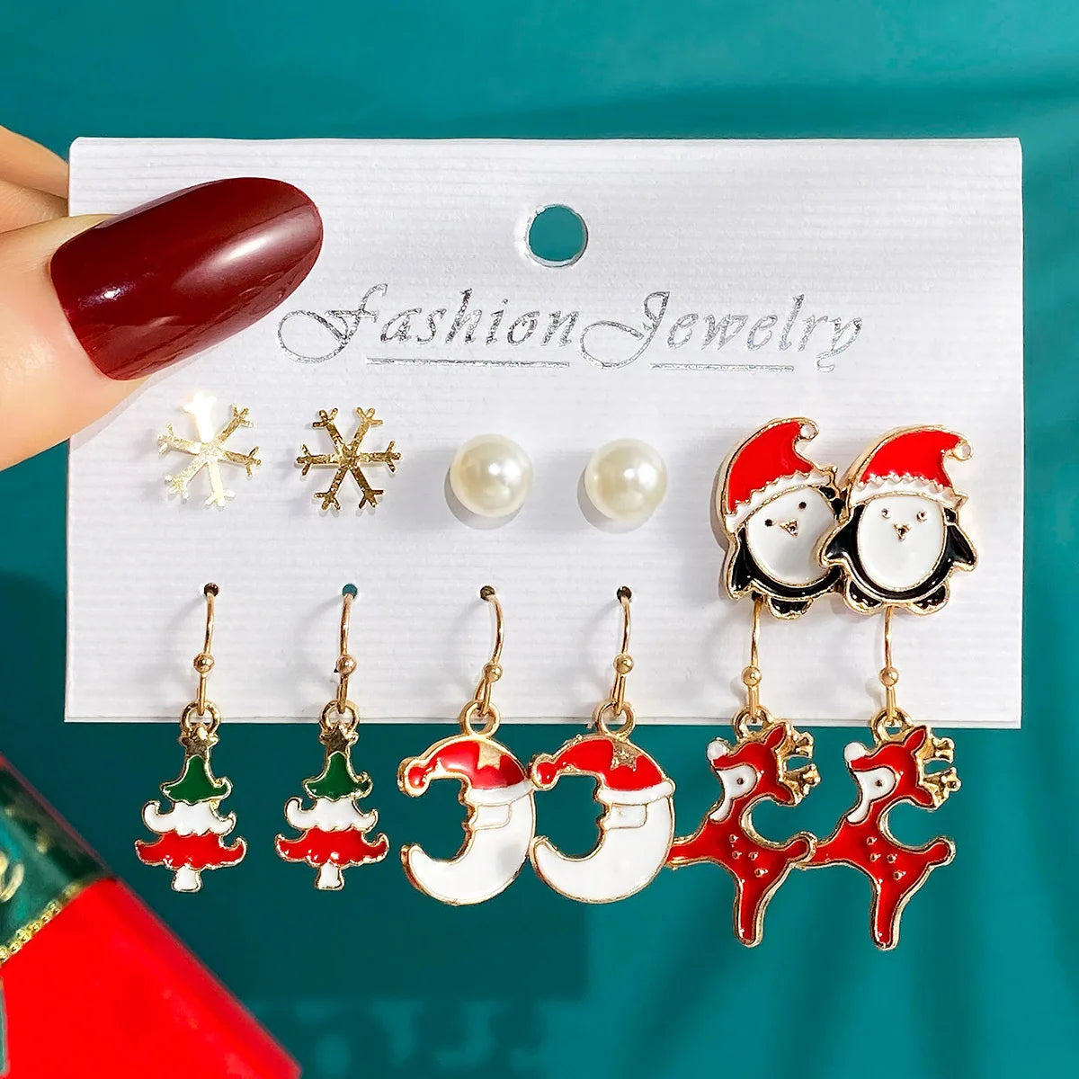 6 Pairs New Christmas Set Cross border Hot Selling Cartoon Dripping Oil Elk Santa Claus Christmas Tree Earrings for Women
