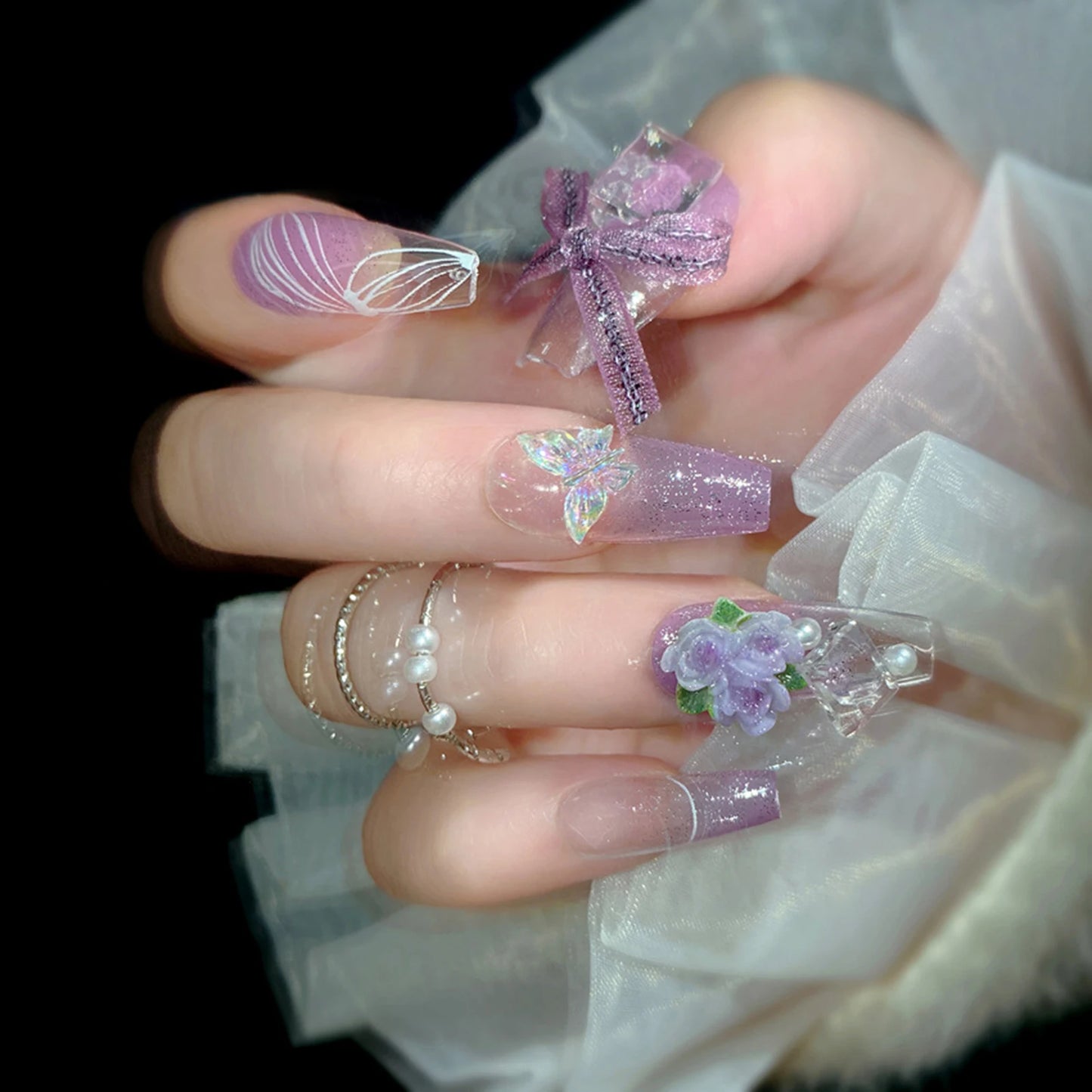Light Blue Fake Nails Long Ballerina Press on Nails Blue Flower Butterfly Designs Korean Fashion Bride Wedding Charms Nails Art