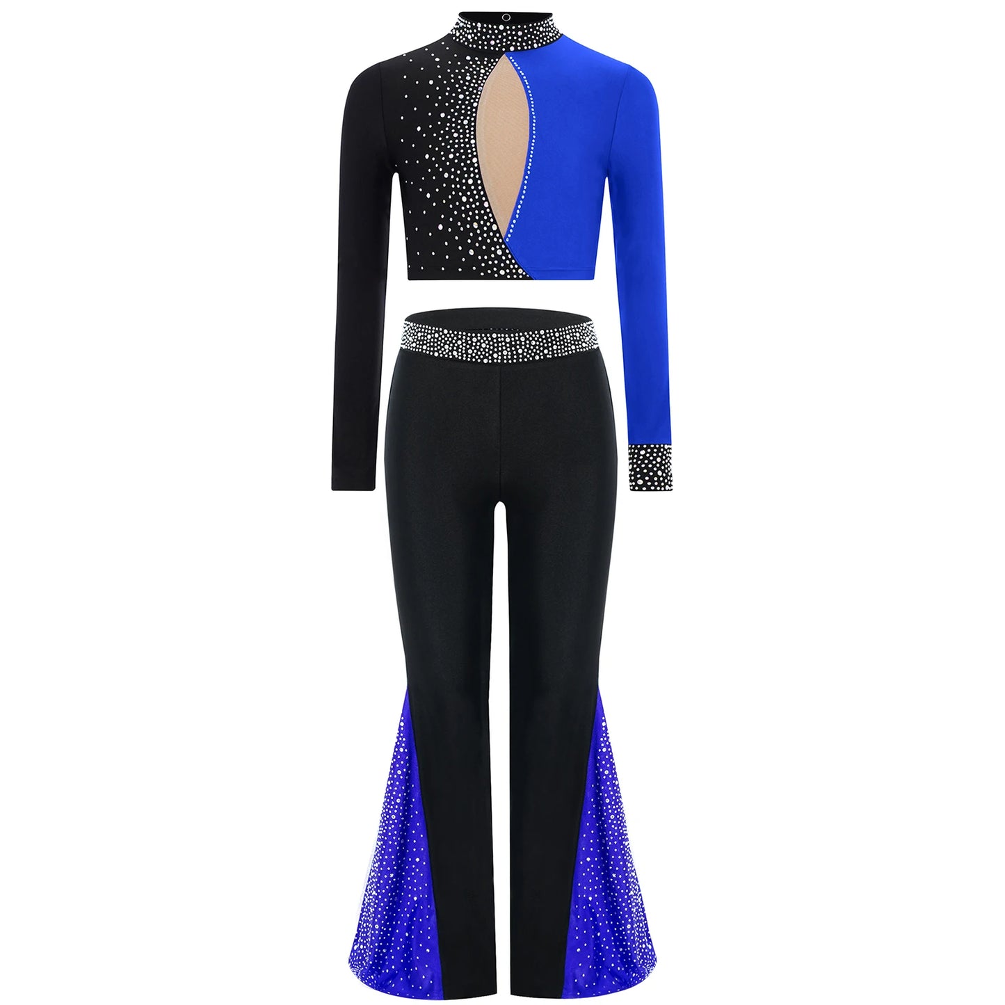 Kids Girls Lyrical Jazz Dance Costume Figure Skating Gymnastics Dancewear Long Sleeve Color Block Crop Top+Bell-Bottomed Pants