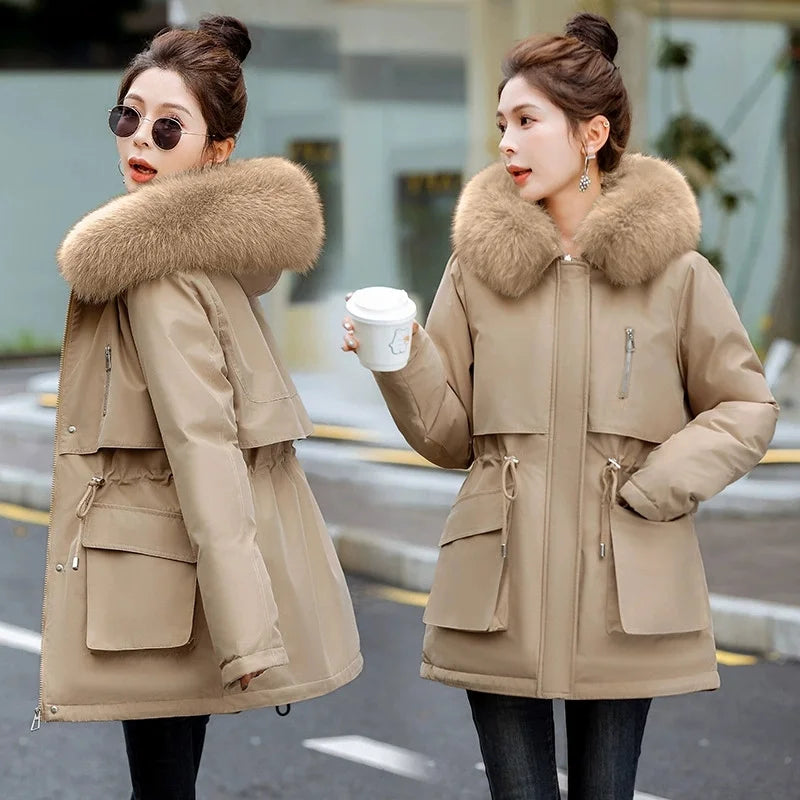 Women Parka Fashion Long Coat Plush Lining Hooded Parkas New Winter Jacket Slim with Fur Collar Warm Snow Wear Padded Clothes
