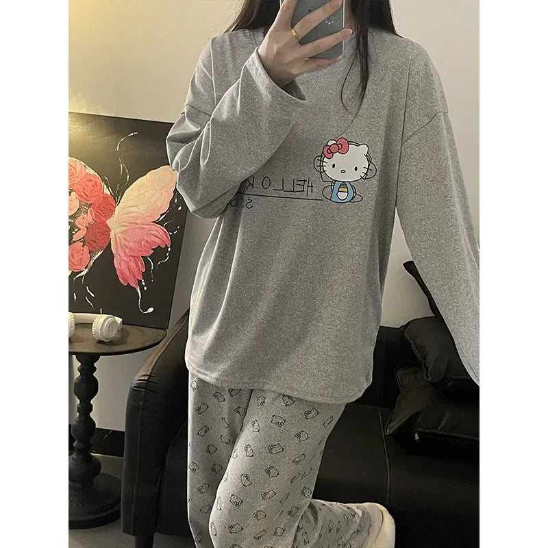 Hello Kitty Cartoon Girl Long Sleeved T Shirt Home Clothes Set Anime Sanrio Print Kawaii Spring Autumn New Trousers Pajama Sweet