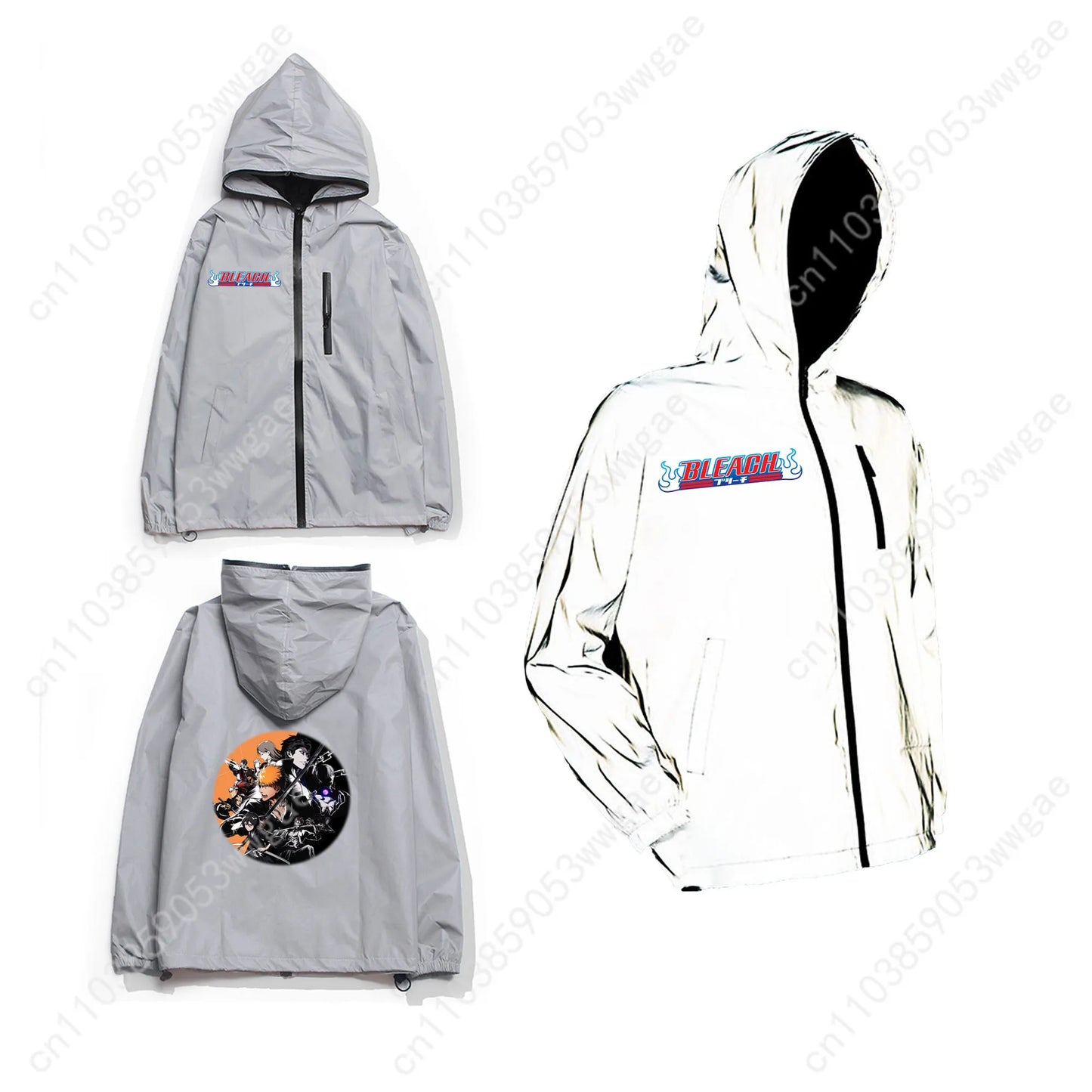 Bleach Reflective Jacket Mens Womens Coat Hooded Windbreaker Run Pocket Jackets Cycling Hiking Zipper Anime Personalized Hoodie