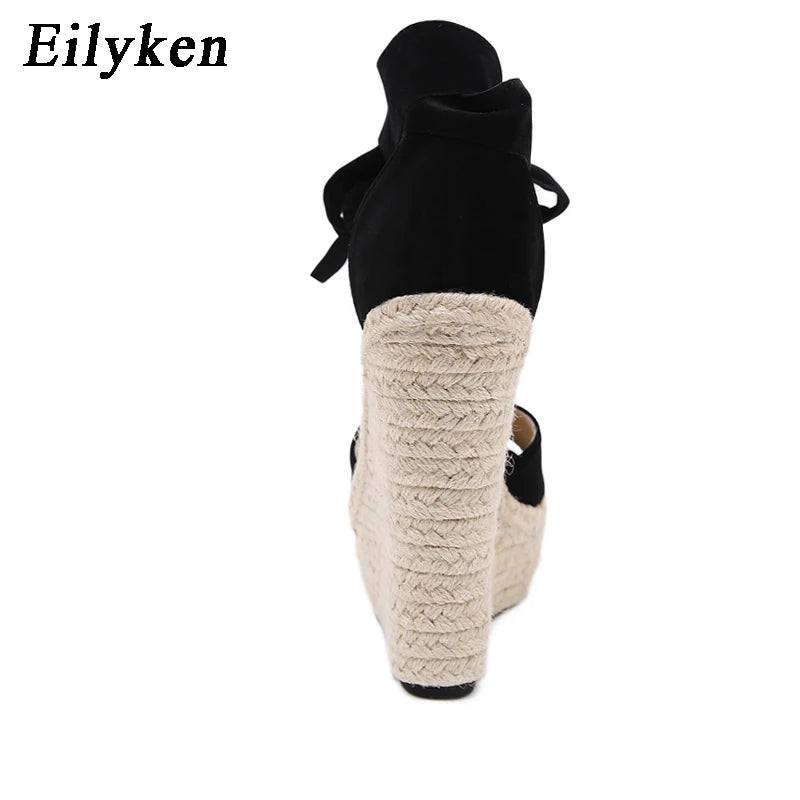 EilyKen Women Summer Butterfly Knot Solid Black Open Toe Sandals Fashion Platform High Heel Wedge Shoes Ankle Bowtie Dress Pumps