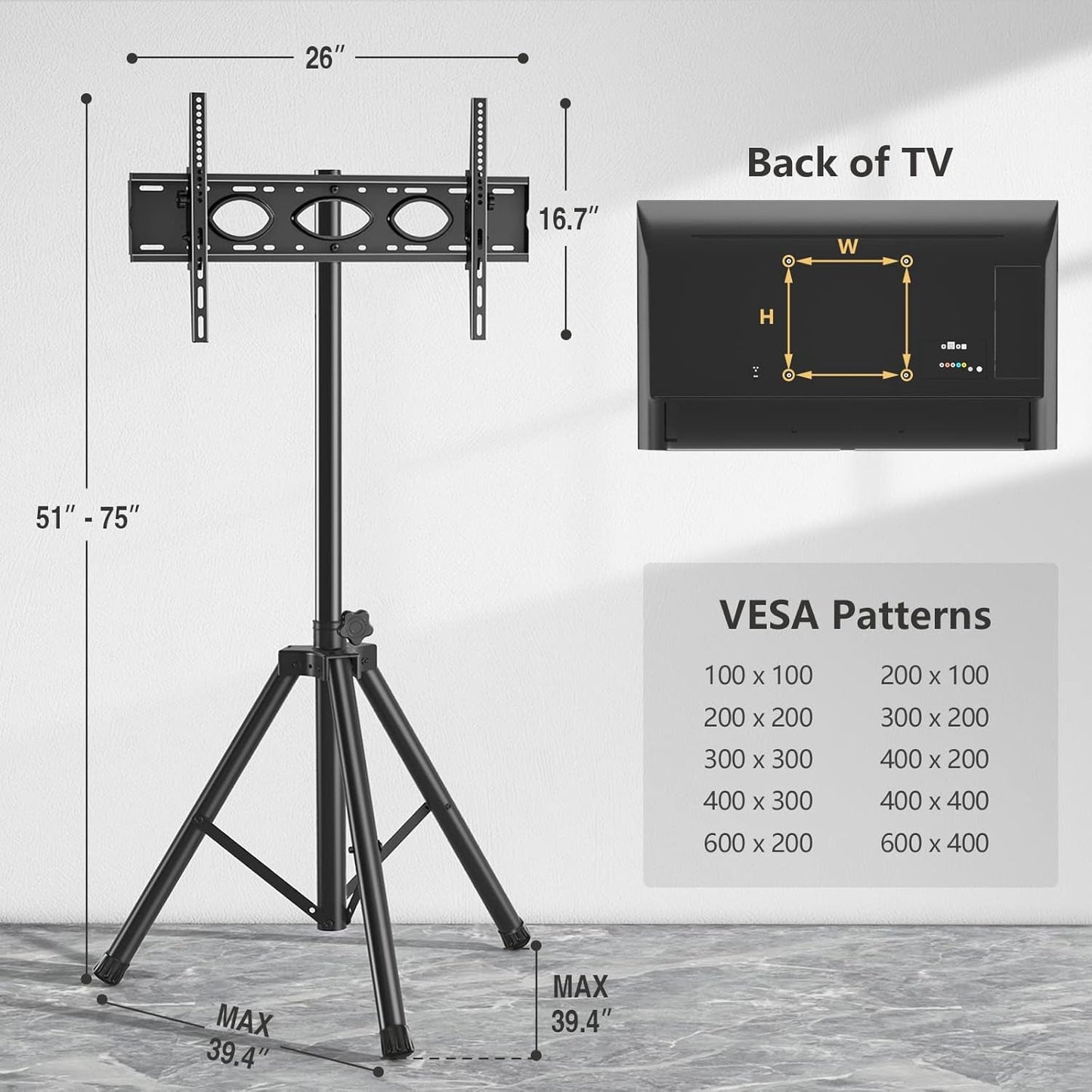 Tripod TV Stand For 23-75 Inch TVs Tilt 15 Degrees