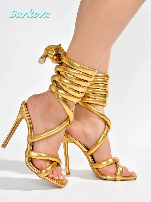 Ankle Wrap Sandals Square Open Toe Thin High Heels Summer Fashion Solid Strappy Stilettos Street Style Party Dress Women's Shoes