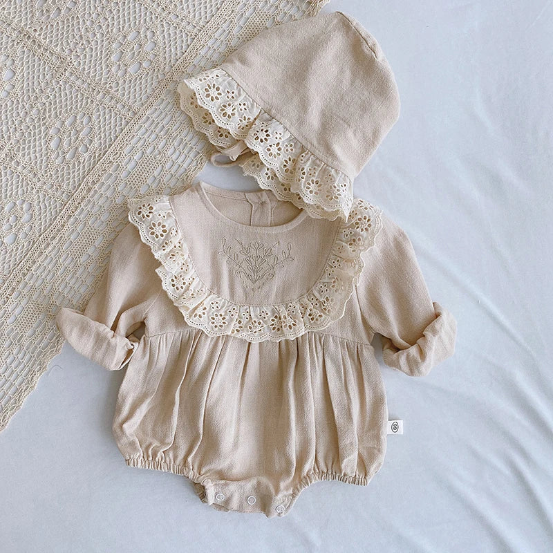Autumn Spring Baby Girls Clothes Infant Baby Girl Bodysuits+Hat Cotton Flower Embroidery Long Sleeve Newborn Baby Girl Jumpsuit
